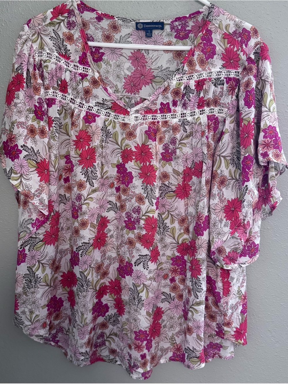 Democracy Floral V-Neck Boho Blouse in Pinks and Purples